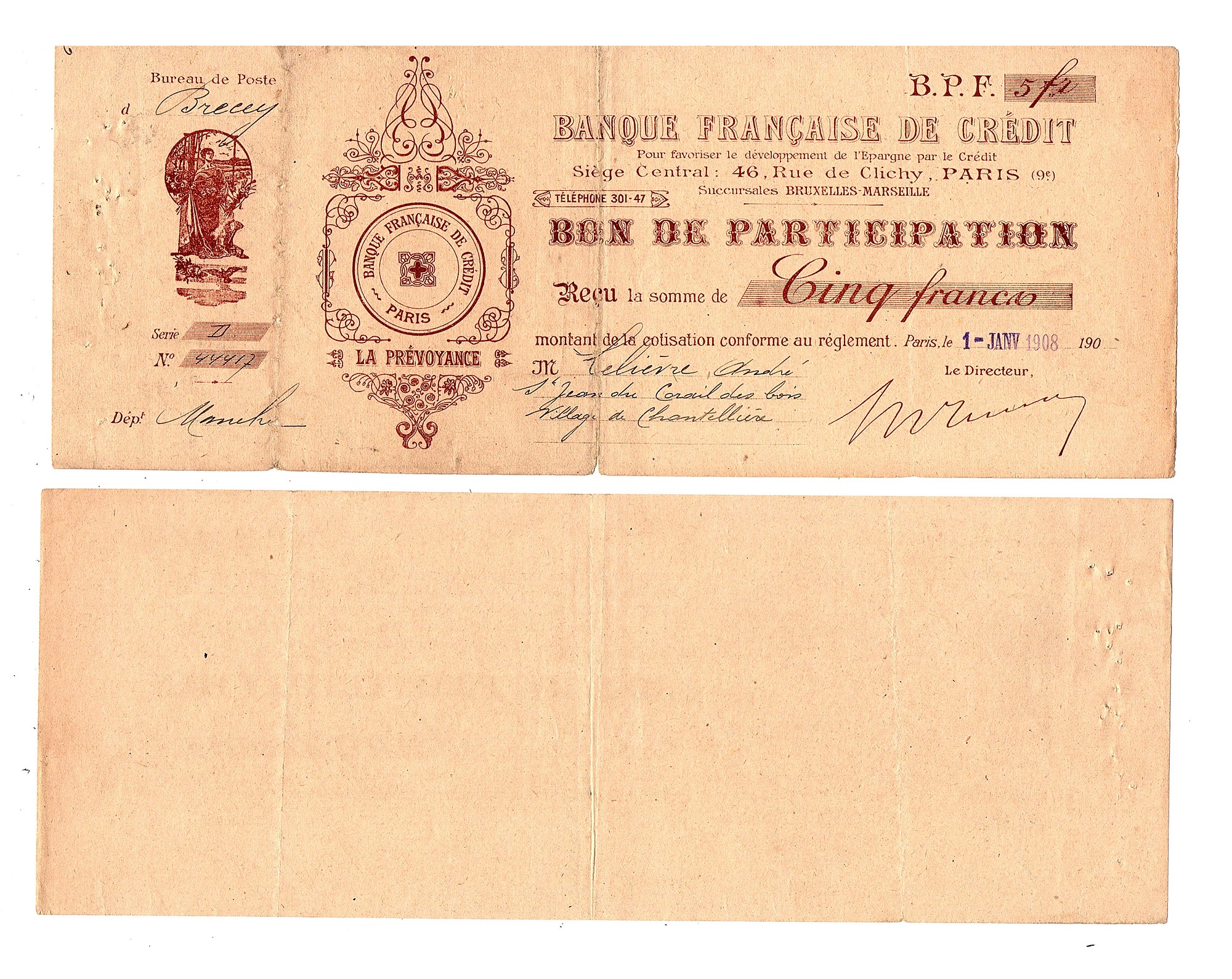 France #Bank Credit in Paris 1908/VF2